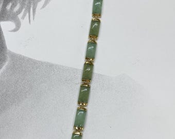 Vintage 14kt Gold Flat Bar Link Jade Bracelet 7.25&quot;