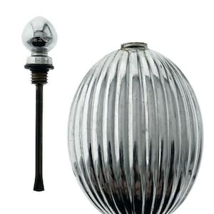 May include: A silver, egg-shaped bottle with a ribbed design and a silver cap. The bottle has a long, thin, silver spout.