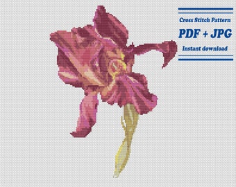 Schema per punto croce Iris in PDF, disegno botanico con fiore viola, download immediato