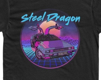 Delorean Steel DMC12 Steel Dragon Tron Video Game Style Retro 80's Distressed T-shirt Back To The Future Marty McFly Forza Flux Capacitor