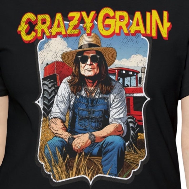 Crazy Grain Ozzy Farmer Parody Rock Heavy Metal Funny 2024 USA america Black Sabbath Train Guitar Gibson Rocker T-shirt image 1