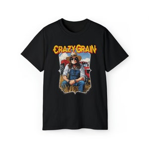Crazy Grain Ozzy Farmer Parody Rock Heavy Metal Funny 2024 USA america Black Sabbath Train Guitar Gibson Rocker T-shirt image 2