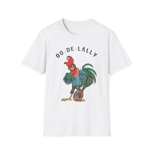 Camiseta retro de gallo cantor Oo-de-lally, estilo vintage desgastado, estampado de guitarra, pollo, divertida parodia de película de granja de los años 70 y 80.