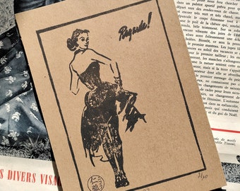 Regarde ! Linogravure originale, silhouette féminine de dos, style 50s.