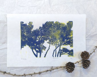 Pine forest. Original 2 color linocut print.