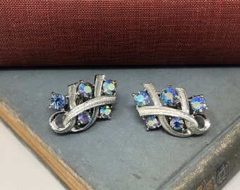 Coro Blue Shimmer Rhinestone Ribbon Clip On Earrings