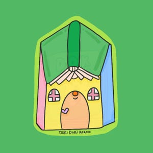 May include: A cartoon illustration of a colorful house with a green roof, pink and blue walls, and a yellow door with a pink heart. The text "Doki Doki Kokoro" is written below the house.
