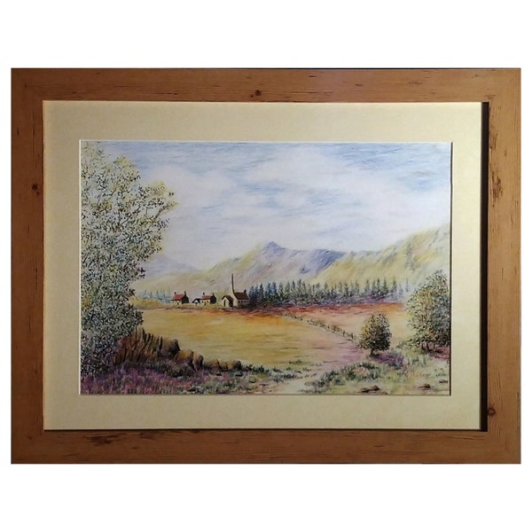 Colored pencil, landscape drawing, framed and signed, mount, wall art, 45 CM x 35 CM