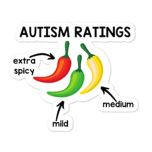 Puede incluir: Una pegatina blanca con el texto "AUTISM RATINGS" sobre tres chiles. Los chiles son rojos, verdes y amarillos, con etiquetas que indican "extra spicy", "mild" y "medium".