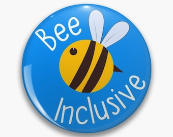 May include: A blue button with a cartoon bee and the text "Bee Inclusive" in white.