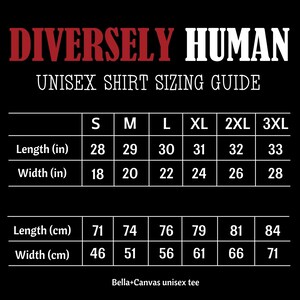 May include: Unisex shirt sizing guide with measurements in inches and centimeters for sizes S, M, L, XL, 2XL, and 3XL. The guide shows the length and width of each size.