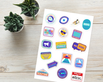 May include: A sheet of colorful stickers with phrases and images related to autism. The stickers feature phrases like "I have autism", "Sensory Sensitive", "My Space, My Rules", "I take things literally", "Non Verbal", "I like having a routine", "I'm neurodivergent", "Hello, I'm autistic", and "Please don't disregard my things".