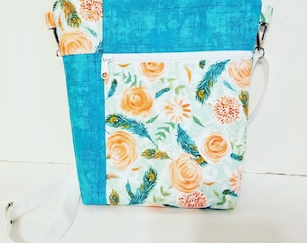Penas de pavão azul-petróleo e pêssego - Crossbody XL, presente de Natal, bolsa de férias