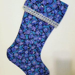 Blue Christmas Ornaments Handcrafted Christmas Stocking, Christmastime Stocking, Traditional Holiday Decoration, Modern Stockings