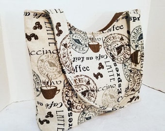 Coffee Time - Handmade Tote Purse, Modern Bag, Shoulder Bag, Fabric Purse, Cotton Fabric Bag, Christmas Gift, Holiday, Halloween