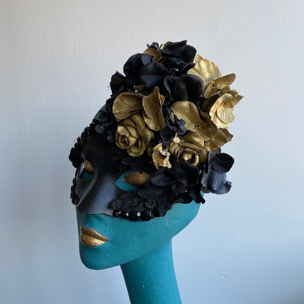 Black and Gold Masquerade flower mask