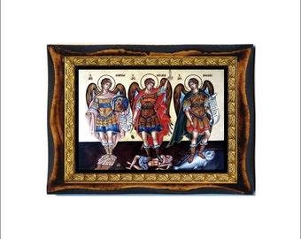 Michael, Gabriel et Raphael Archangels (rainuré) , Icône en bois fait main sur plaque orthodoxe, catholique, copte, home decor wall