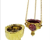 Hanging Vigil Oil Lamp with Chain and Gold Glass - Haging Vigil Oil Lamp Ceramic Red with cup - Handmade Porcelain Oil Lamp with Gold cup