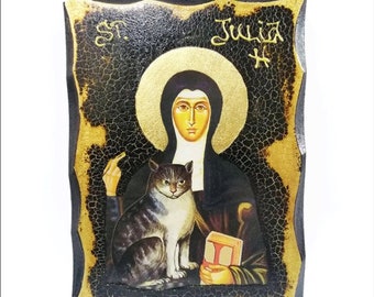 Julian of Norwich - Saint Julian - Juliana of Norwich Patron of cats Handmade Wood Icon on plaque with physical aging and Golden Leaf 24K