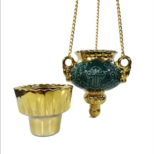 Hanging Vigil Oil Lamp with Chain and Gold Glass - Haging Vigil Oil Lamp Ceramic Green with cup - Handmade Porcelain Oil Lamp with Gold cup
