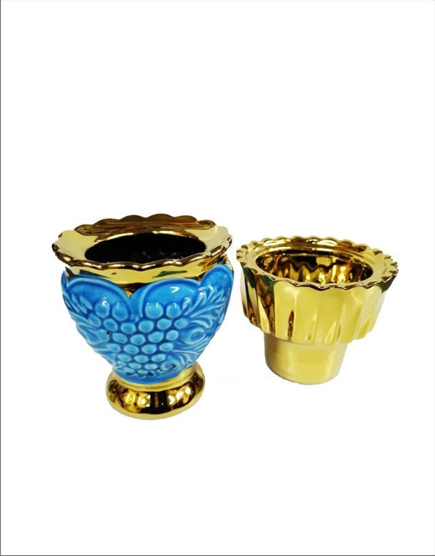 lampe à huile debout en porcelaine bleu clair - lampe de vigile céramique table porte-lampes vigne base poterie