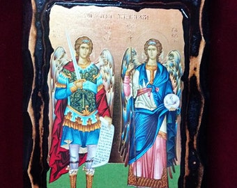 Michael & Gabriel Archangels (rainuré) Doré à la feuille d’or 24K sur plaque de bois fait main orthodoxe, catholique, romaine, art copte