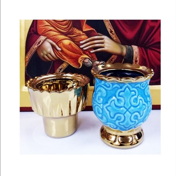 Light Blue Porcelain Standing Oil Lamp - Ceramic Vigil Lamp - Table Oil Lamp - Vine Oil Lamp Holders - Oil Lamp Base Light Blue Pottery