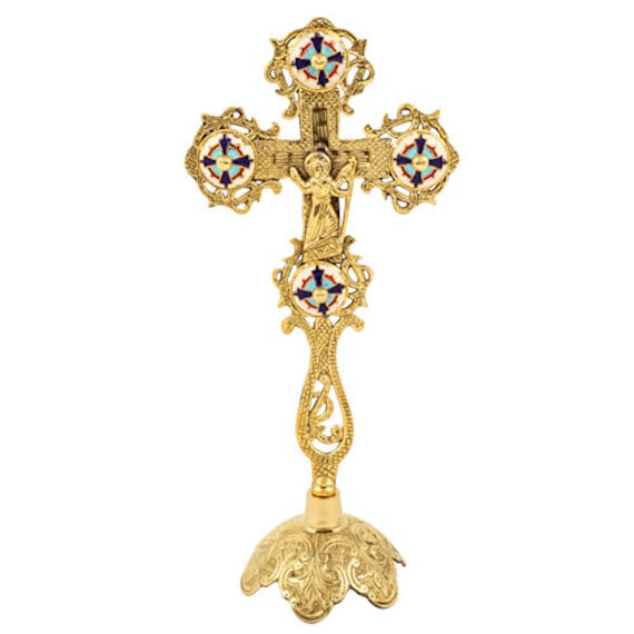 Orthodox Blessing Cross double sided with base offered in Gold /& Silver plated