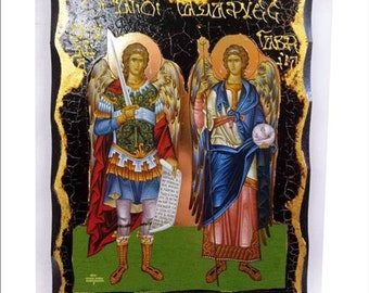 Synaxis of the Archangels Michael ,Gabriel - Michael & Gabriel Archangels Handmade Wood Icon with physical aging and Golden Leaf 24K, Altar