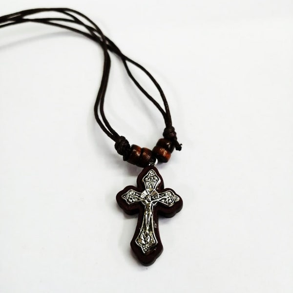 Necklace Cross - Cross Pendant - Religious Pendant Cross - Pectoral cross - Metal Silver Wooden Cross - Croix de cou en bois et argent