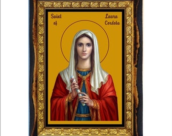 Saint Laura - Laure de Cordoue - Laura di Cordova - Laura von Córdoba Handmade wood icon on plaque Roman Catholic, Home Decor Wall