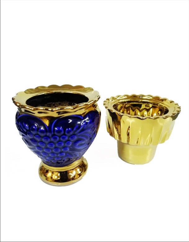 lampe à huile debout en porcelaine bleue - lampe de vigile céramique table porte-lampes vigne base blue pottery
