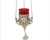 Christian Hanging Oil Candle Silver Gold with Cup Glass - Christian Church Hanging 3 Chain Engraved Brass Oil Lamp - Hanging Vigil Oil Lamp