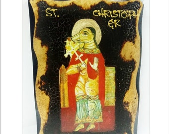 Cynocephalus - Christopher of Lycia - Christophorus - Saint Christopher Handmade Wood Icon on plaque with physical aging and Golden Leaf 24K