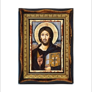 Christ Pantocrator (Sinai)-The Christ Pantocrator of St. Catherine’s Monastery at Sinai Handmade wood icon on plaque Orthodox, Byzantine Art