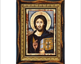 Christ Pantocrator (Sinai)-The Christ Pantocrator of St. Catherine’s Monastery at Sinai Handmade wood icon on plaque Orthodox, Byzantine Art
