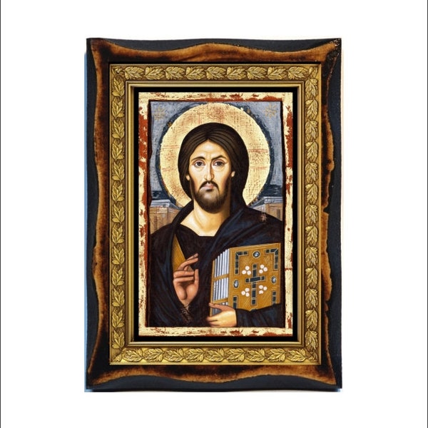 Christ Pantocrator (Sinaï)-Le Christ Pantocrator du Monastère Sainte-Catherine à l’icône en bois du Sinaï fait main sur la plaque orthodoxe, art byzantin