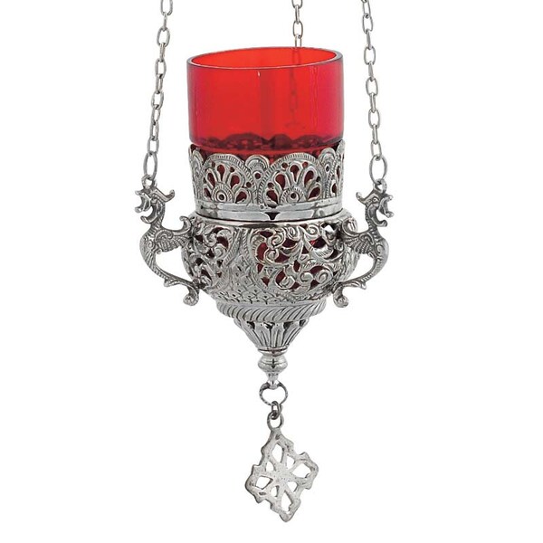 Christian Hanging Oil Candle Silver with Cup Glass - Christian Church Hanging 3 Chain Engraved Brass Oil Lamp -Hanging Silver Vigil Oil Lamp