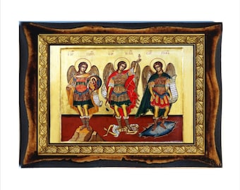 Michael, Gabriel and Raphael Archangels (grooved) , Handmade wood icon on plaque Orthodox, Catholic, Coptic, Home Decor Wall