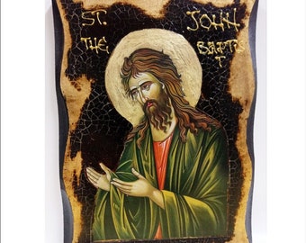 John the Baptist - Saint John the Baptizer - Jean le Baptiste -Johannes Handmade Wood Icon on plaque with physical aging and Golden Leaf 24K