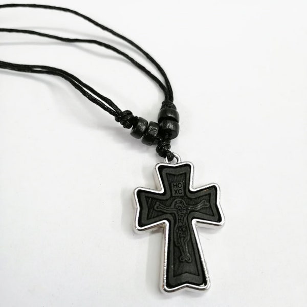 Necklace Cross - Cross Pendant - Religious Pendant Cross - Pectoral cross - Metal Silver Wooden Cross - Croix de cou en bois et argent