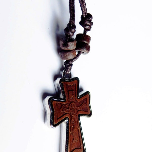 Necklace Cross - Cross Pendant - Religious Pendant Cross - Pectoral cross - Metal Silver Wooden Cross - Croix de cou en bois et argent