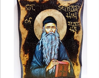 Seraphim of Vyritsa - Serafim din Virița - Serafim - Séraphin Handmade Wood Icon on plaque with physical aging and Golden Leaf 24K