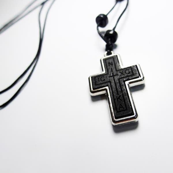 Necklace Cross - Cross Pendant - Religious Pendant Cross - Pectoral cross - Metal Silver Wooden Cross - Croix de cou en bois et argent