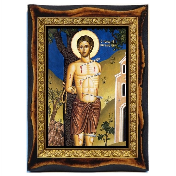 Saint Sebastian Patron of Athletes , Guard Roman Soldier, Healer and Martyr Handmade Wood Plaque Orthodox,Roman Catholic,Coptic