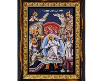 Opstanding van Jezus - De opstanding van Jezus Christus Handgemaakt hout icoon op plaque orthodox, katholiek, Romeins, Byzantijns, Koptisch, Home Decor