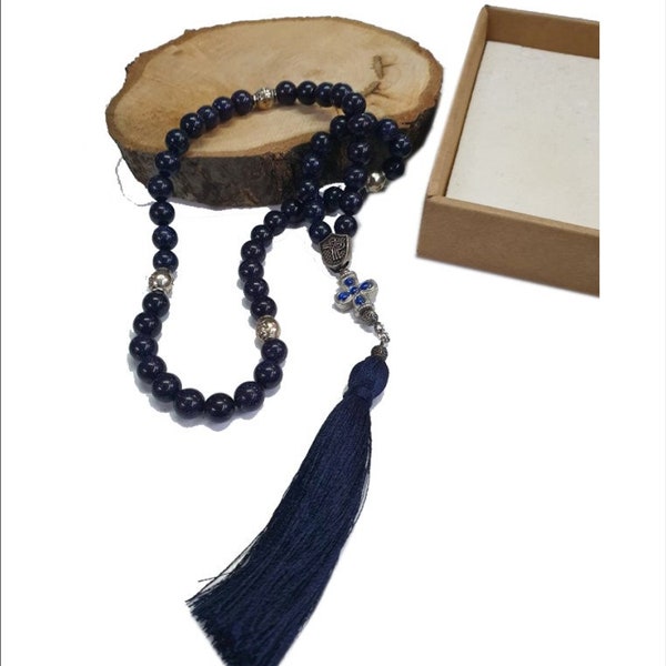 Aventurine blue 50 beads Rosary - Prayer Rope with 50 beads - Komboloi 50 beads Aventurine - Rosary with Silver Cross and Aventurine beads