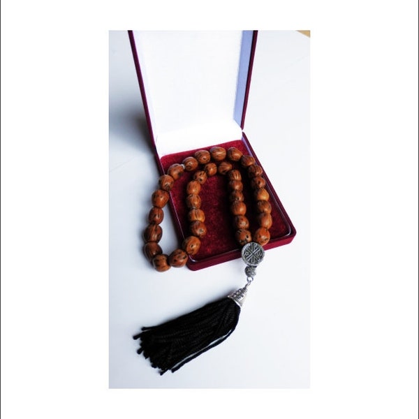 Mount Athos Prayer Rosary - 33 beads - Nutmeg Aroma - Komboloi 33 Knots Brown aromatic nutmeg with Holy anointing oil - Prayer Rope Beads