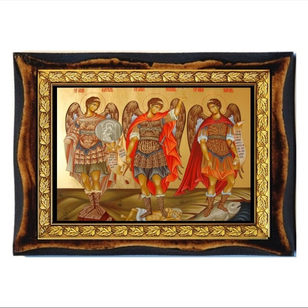 Archanges Michael, Gabriel et Raphaël - Michael - Gabriel - Raphael Handmade Wood Icon on Plaque Orthodox , Catholic, Roman Art,Byzantine