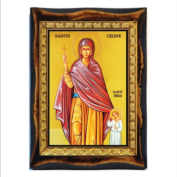 Sainte Céline - Saint Celine - Santa Céline - Celine mother of Saint Remi of Reims Handmade Wood Icon on Plaque Catholic, Roman Art